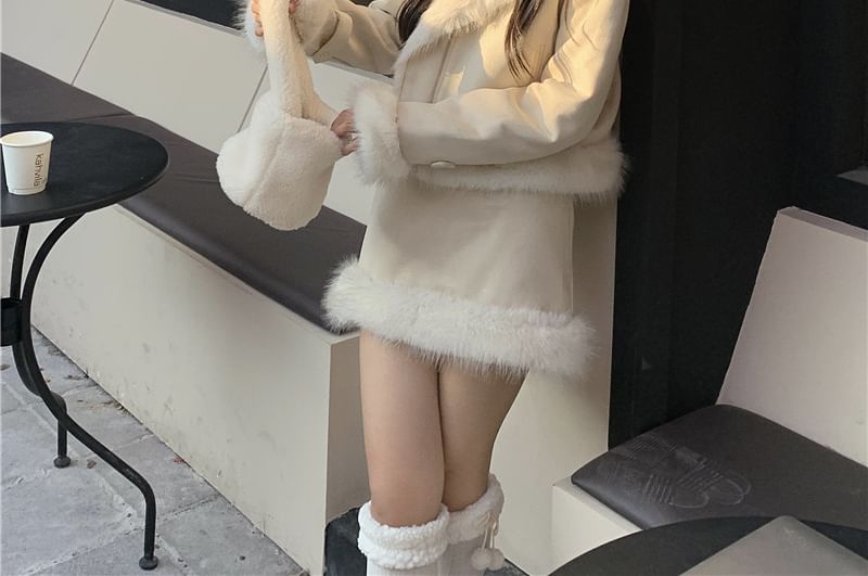 Set: Collared Plain Panel Fluffy Zip Jacket + High Rise A-Line Skirt (Various Designs)