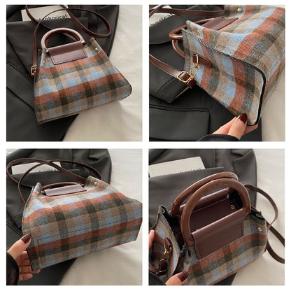 Set: Plaid Shoulder Bag + Plain Faux Leather Pouch