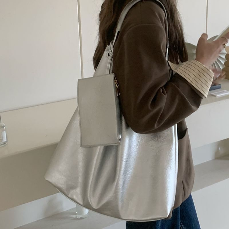 Faux Leather Plain Tote Bag With Pouch