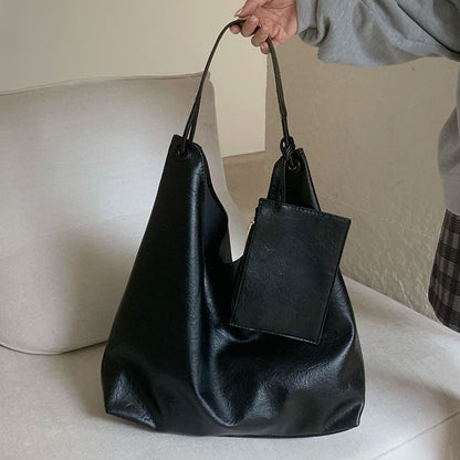 Faux Leather Plain Tote Bag With Pouch