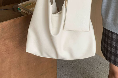 Faux Leather Plain Tote Bag With Pouch