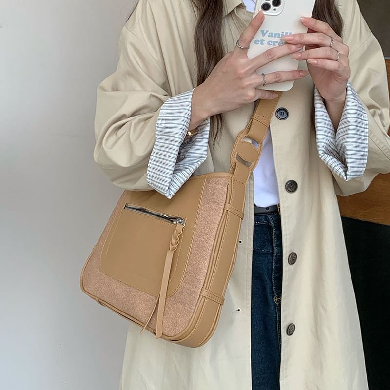 Faux Leather Panel Zip Shoulder Bag