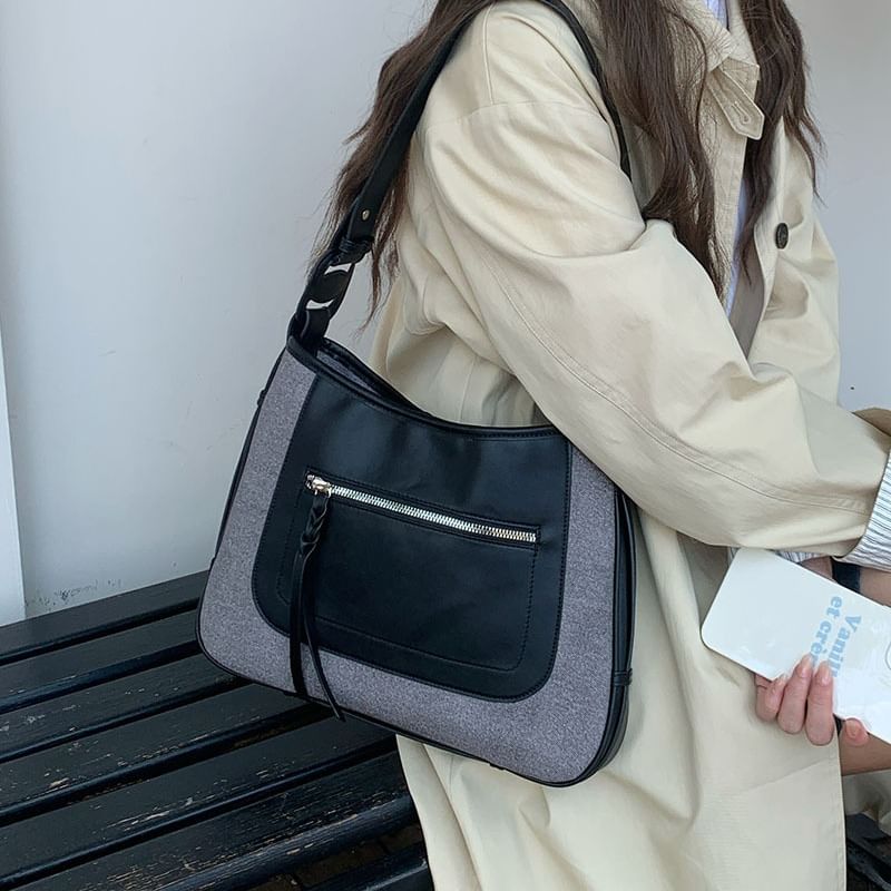 Faux Leather Panel Zip Shoulder Bag