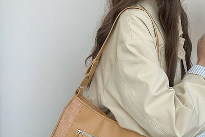 Faux Leather Panel Zip Shoulder Bag