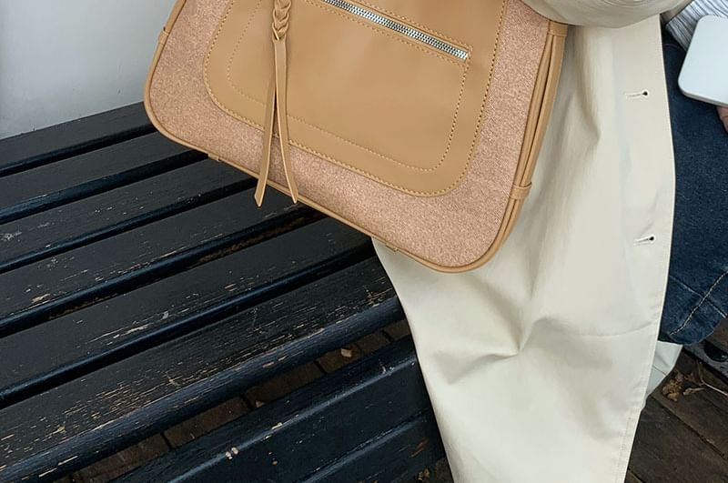 Faux Leather Panel Zip Shoulder Bag