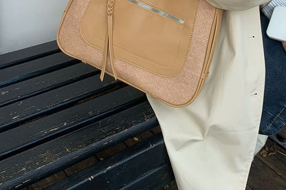 Faux Leather Panel Zip Shoulder Bag