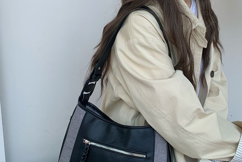 Faux Leather Panel Zip Shoulder Bag