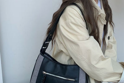 Faux Leather Panel Zip Shoulder Bag