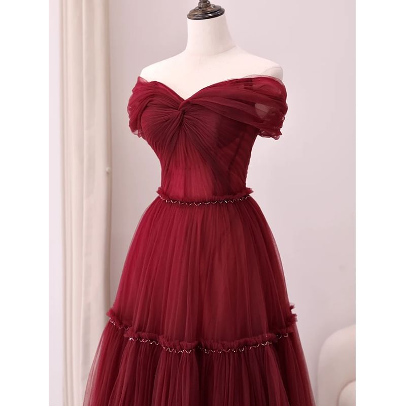 A-Line Plain Knot Gown Off-Shoulder Mesh Evening