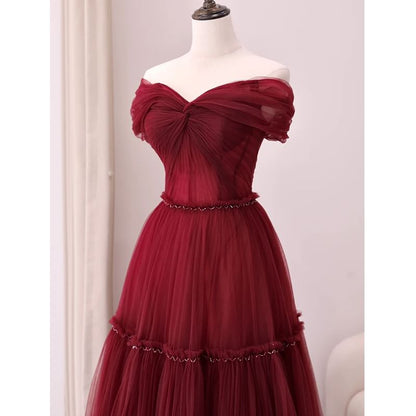 A-Line Plain Knot Gown Off-Shoulder Mesh Evening