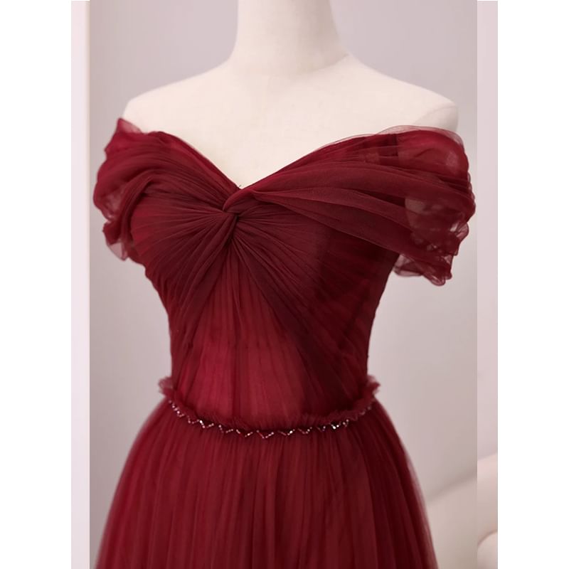 A-Line Plain Knot Gown Off-Shoulder Mesh Evening