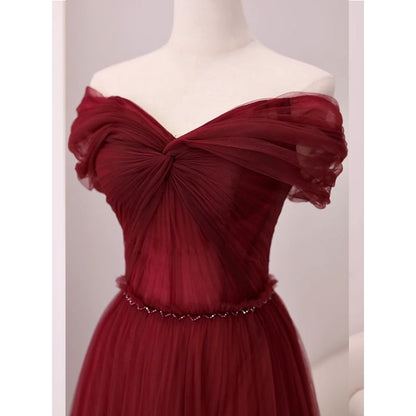 A-Line Plain Knot Gown Off-Shoulder Mesh Evening