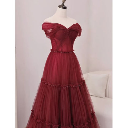 A-Line Plain Knot Gown Off-Shoulder Mesh Evening