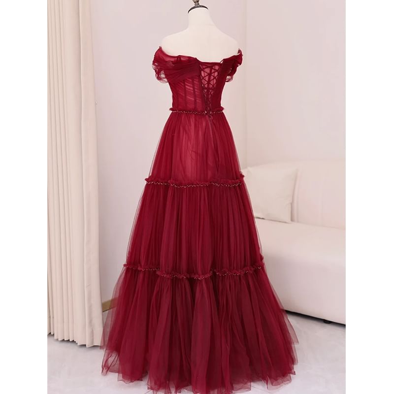 A-Line Plain Knot Gown Off-Shoulder Mesh Evening