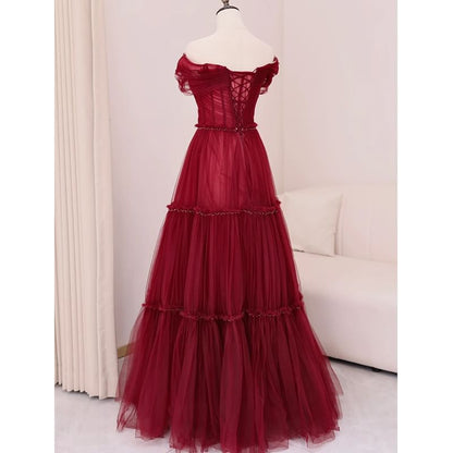A-Line Plain Knot Gown Off-Shoulder Mesh Evening