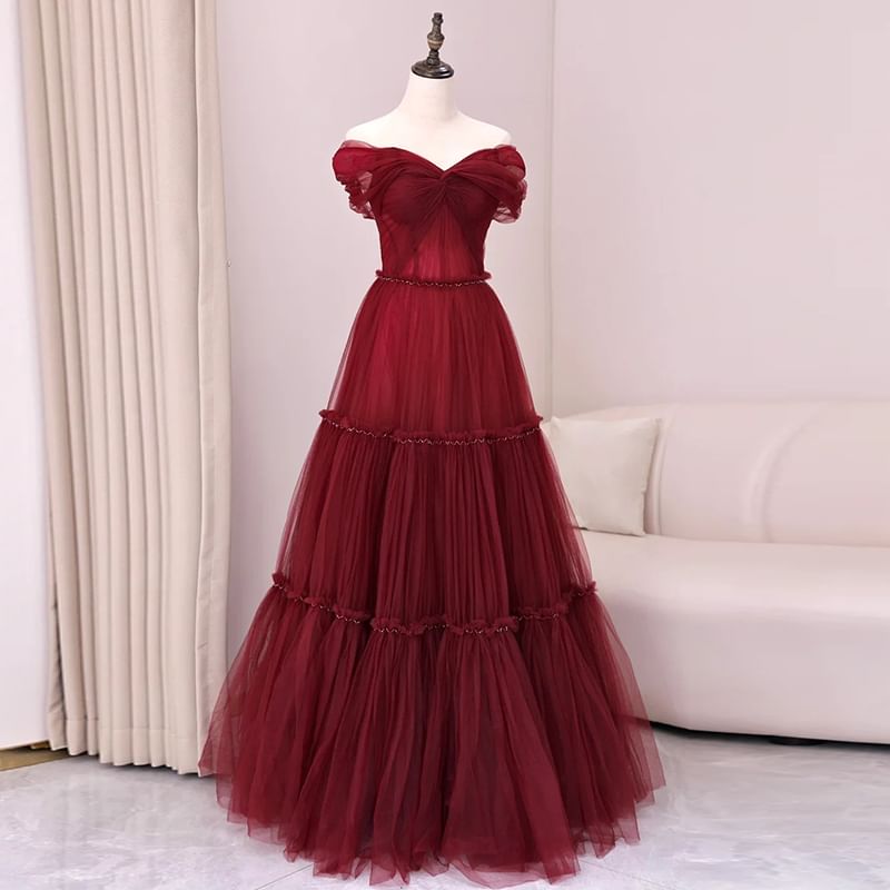 A-Line Plain Knot Gown Off-Shoulder Mesh Evening