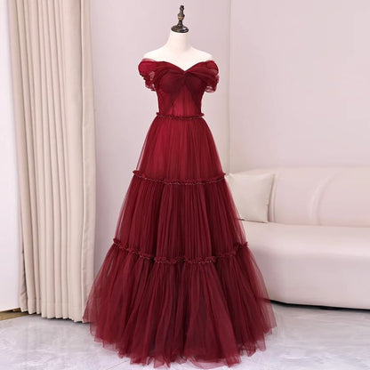 A-Line Plain Knot Gown Off-Shoulder Mesh Evening