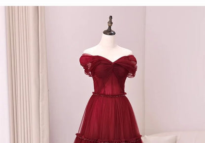 A-Line Plain Knot Gown Off-Shoulder Mesh Evening