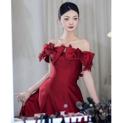 Gown Off-Shoulder Bow Plain Evening A-Line Accent Flower