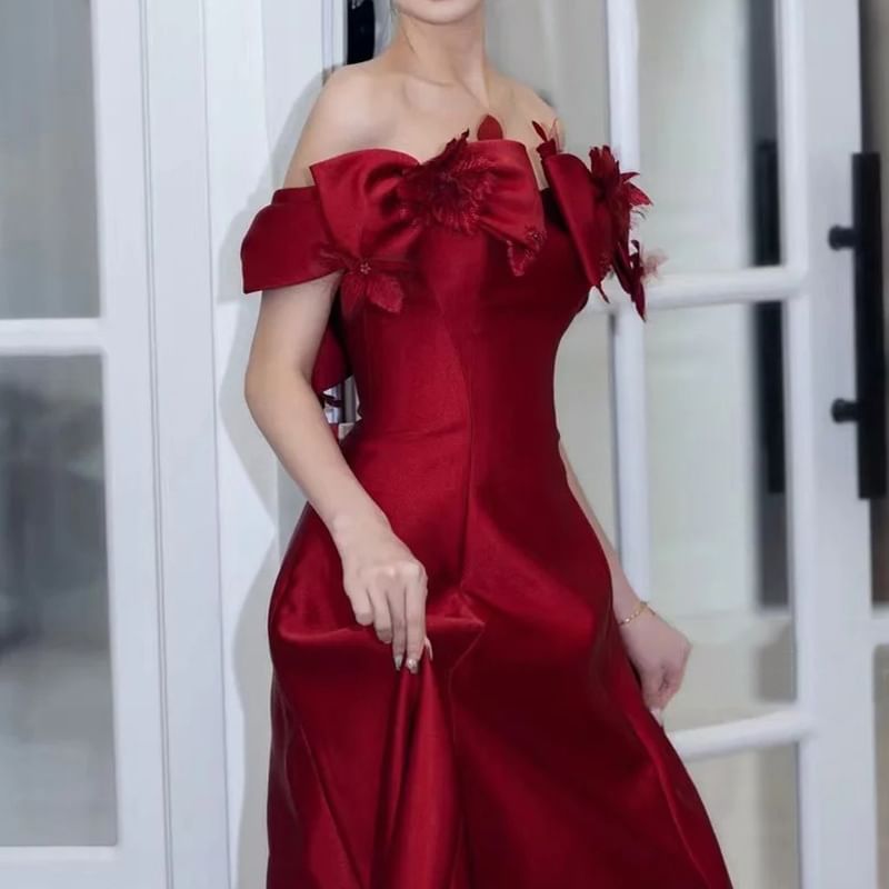 Gown Off-Shoulder Bow Plain Evening A-Line Accent Flower