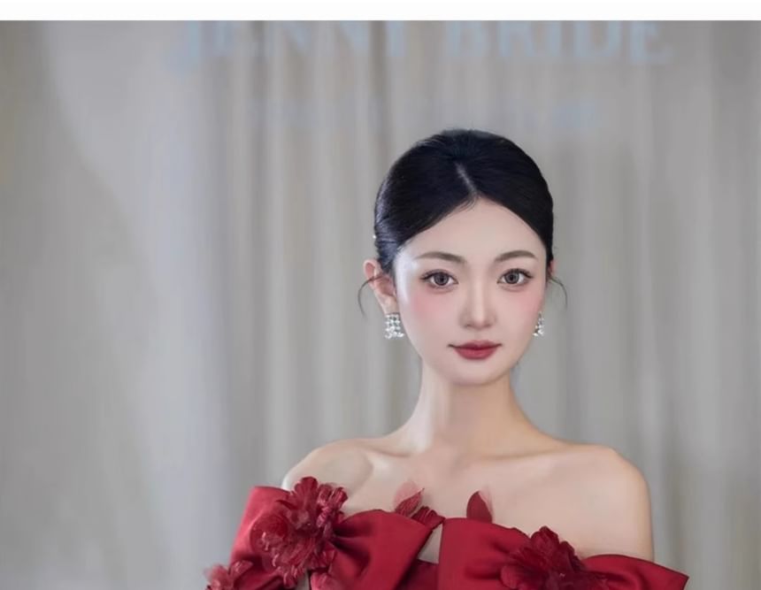 Gown Off-Shoulder Bow Plain Evening A-Line Accent Flower