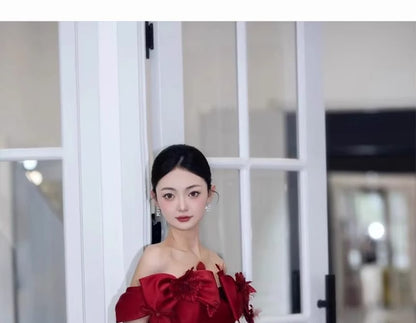 Gown Off-Shoulder Bow Plain Evening A-Line Accent Flower