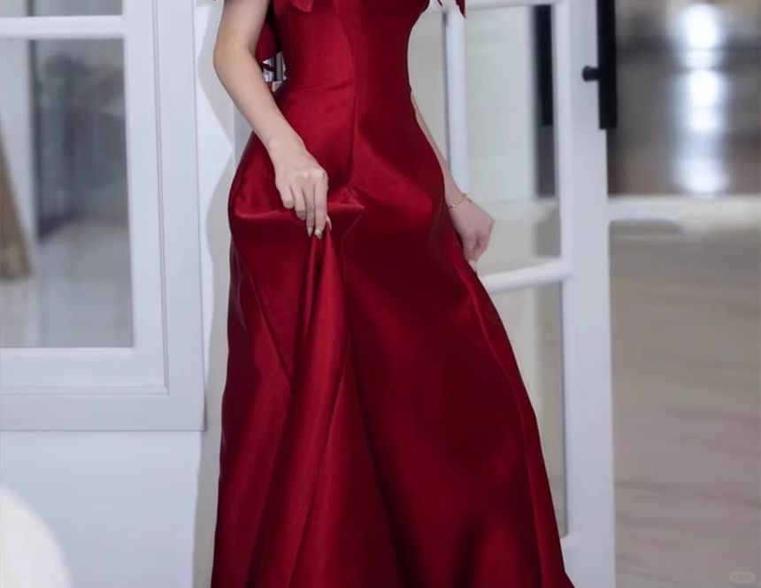 Gown Off-Shoulder Bow Plain Evening A-Line Accent Flower