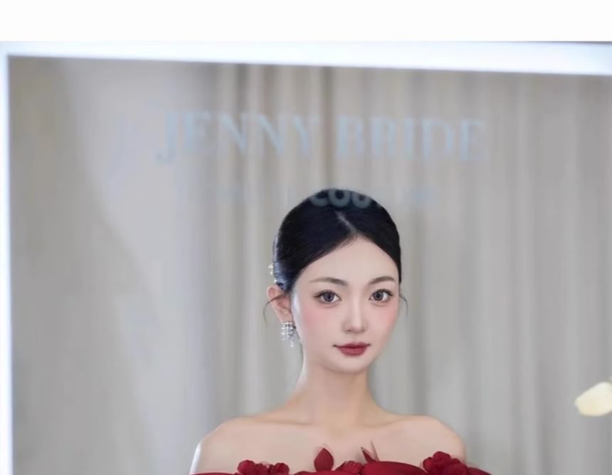 Gown Off-Shoulder Bow Plain Evening A-Line Accent Flower