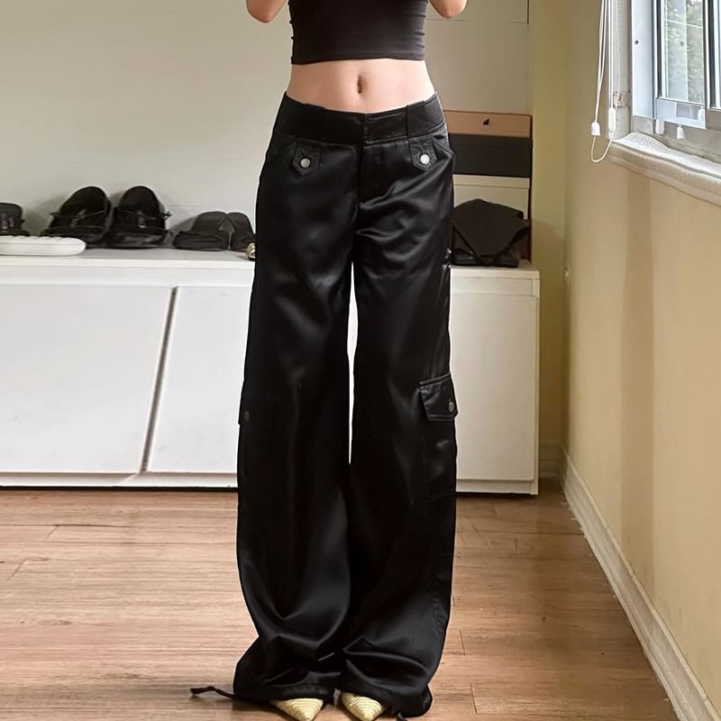 Mid Waist Plain Satin Wide Leg Cargo Pants