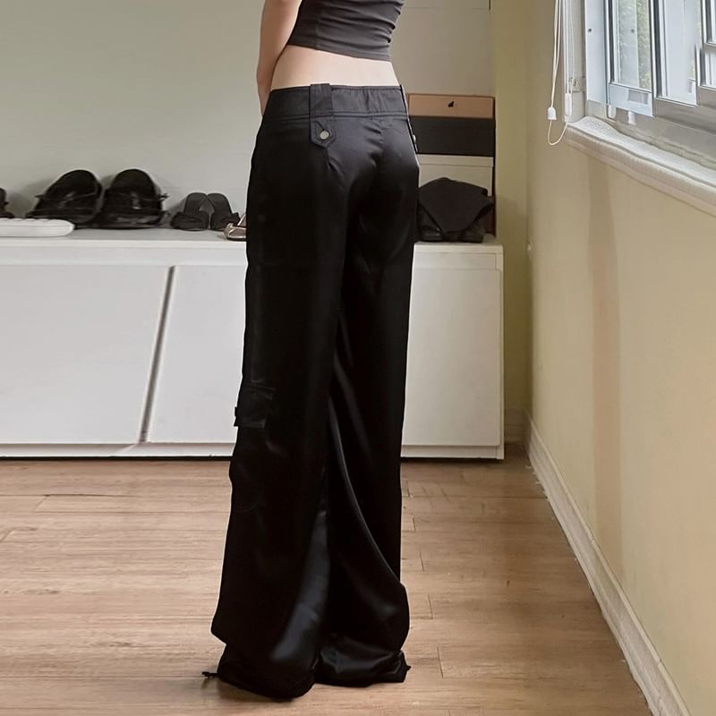 Mid Waist Plain Satin Wide Leg Cargo Pants
