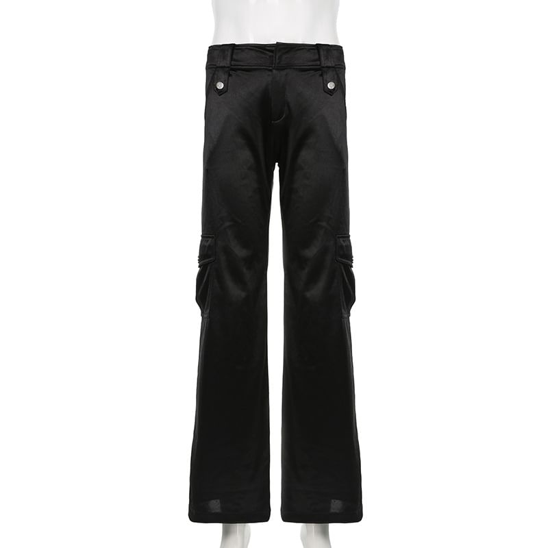Mid Waist Plain Satin Wide Leg Cargo Pants