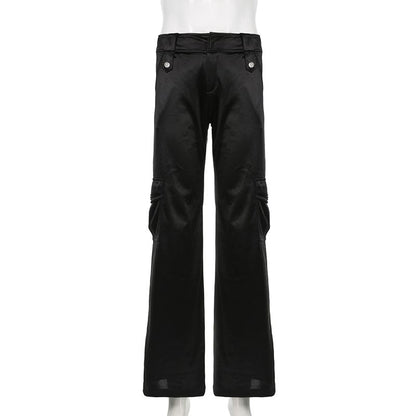 Mid Waist Plain Satin Wide Leg Cargo Pants