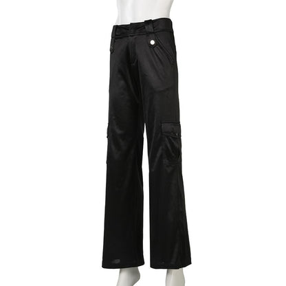 Mid Waist Plain Satin Wide Leg Cargo Pants
