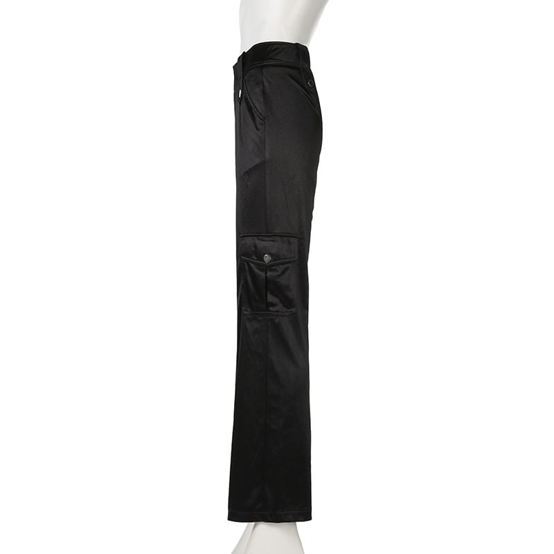 Mid Waist Plain Satin Wide Leg Cargo Pants