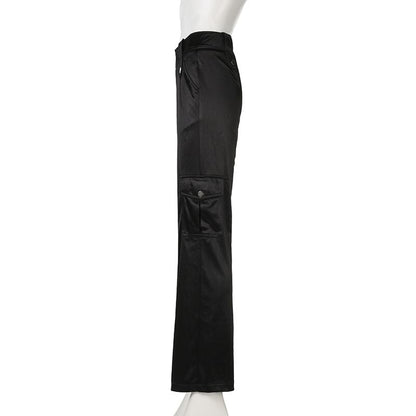Mid Waist Plain Satin Wide Leg Cargo Pants