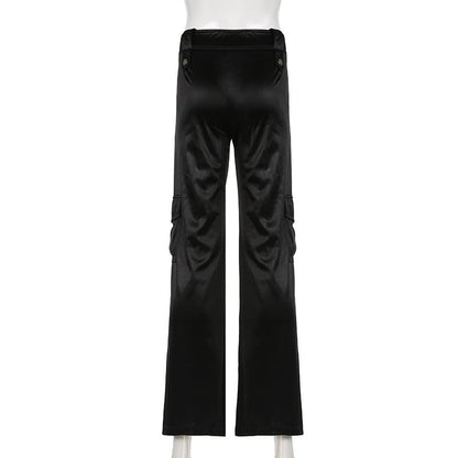 Mid Waist Plain Satin Wide Leg Cargo Pants