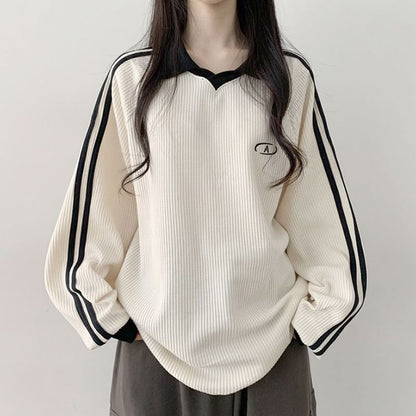 Long Sleeve Contrast-Trim Embroidered Waffle Pattern Loose-Fit Pullover