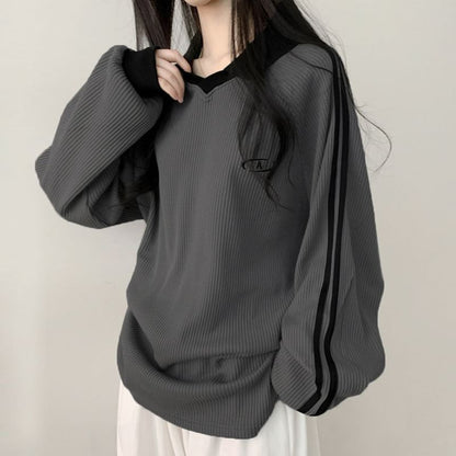 Long Sleeve Contrast-Trim Embroidered Waffle Pattern Loose-Fit Pullover