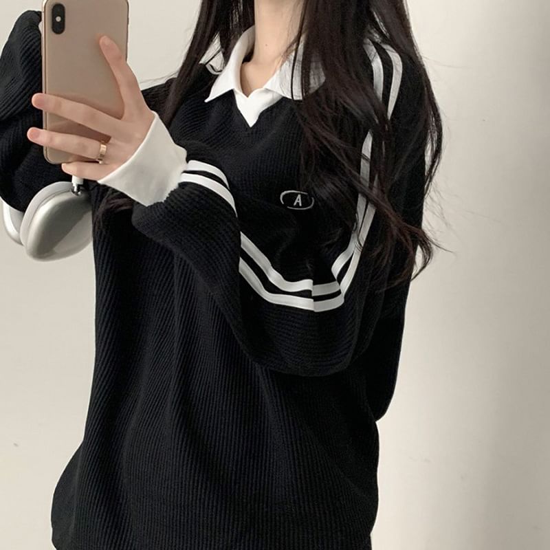 Long Sleeve Contrast-Trim Embroidered Waffle Pattern Loose-Fit Pullover