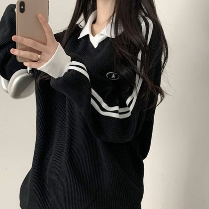 Long Sleeve Contrast-Trim Embroidered Waffle Pattern Loose-Fit Pullover