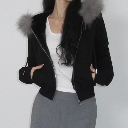 Long Sleeve Furry-Trim Plain Hooded Zip-Up Jacket