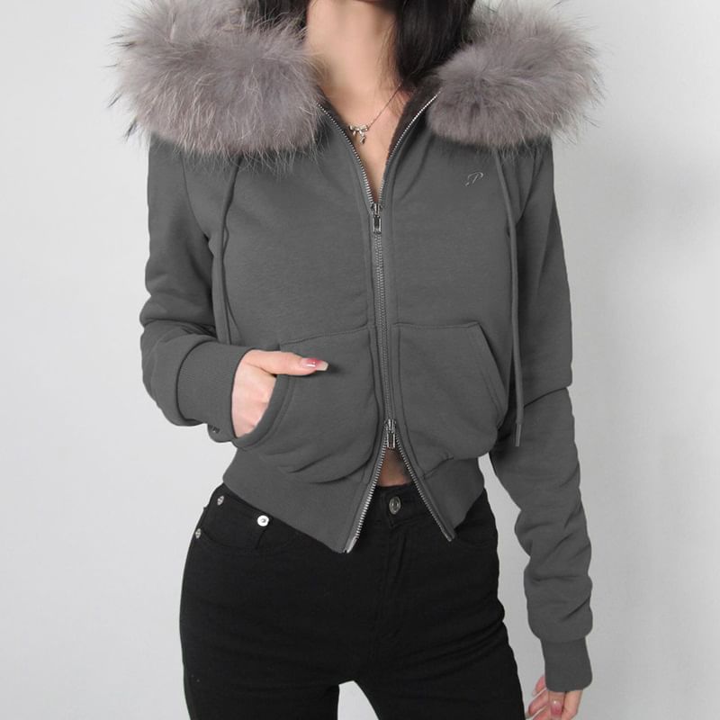 Long Sleeve Furry-Trim Plain Hooded Zip-Up Jacket