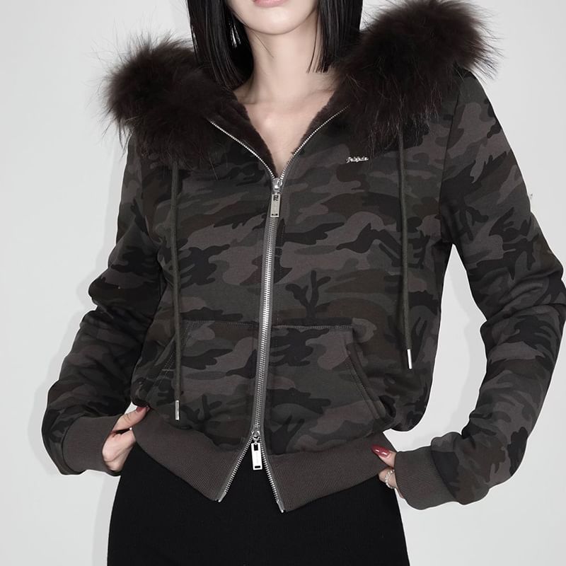 Long Sleeve Furry-Trim Plain Hooded Zip-Up Jacket