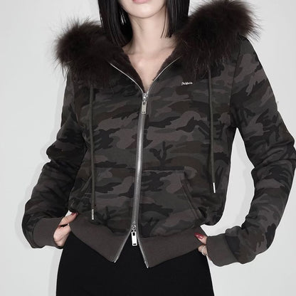 Long Sleeve Furry-Trim Plain Hooded Zip-Up Jacket