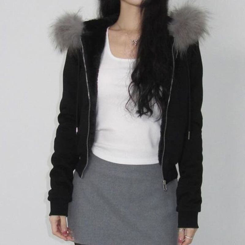 Long Sleeve Furry-Trim Plain Hooded Zip-Up Jacket