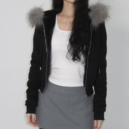 Long Sleeve Furry-Trim Plain Hooded Zip-Up Jacket