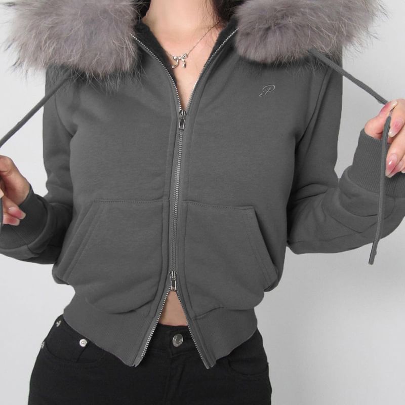 Long Sleeve Furry-Trim Plain Hooded Zip-Up Jacket