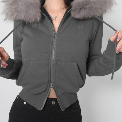 Long Sleeve Furry-Trim Plain Hooded Zip-Up Jacket
