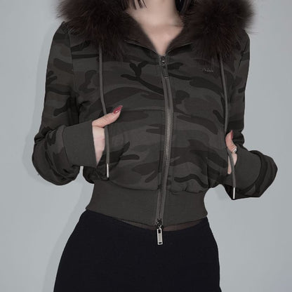 Long Sleeve Furry-Trim Plain Hooded Zip-Up Jacket