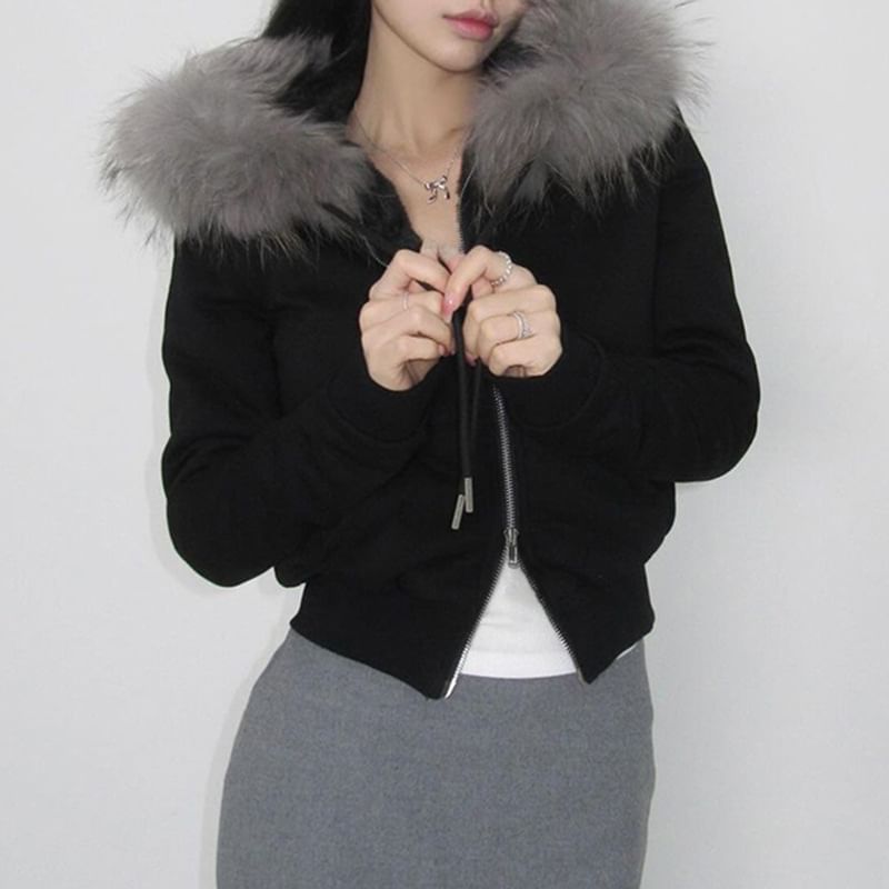 Long Sleeve Furry-Trim Plain Hooded Zip-Up Jacket